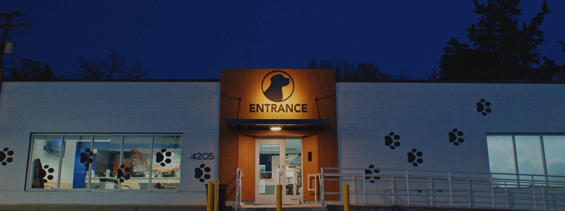 Columbia Pike Animal Hospital and Emergency Center, open and lit at dusk
