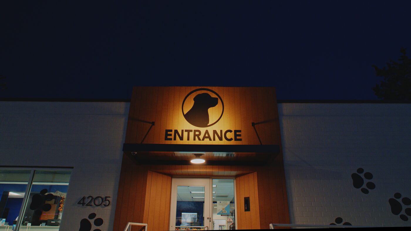 Columbia Pike Animal Hospital entrance lit up at night