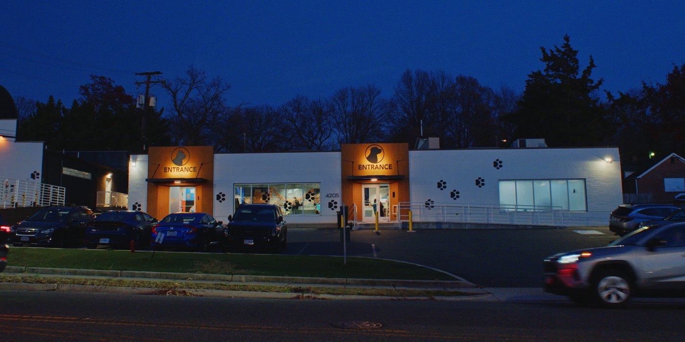 Columbia Pike Animal Hospital and Emergency Center in Annandale at dusk with the entrances lit