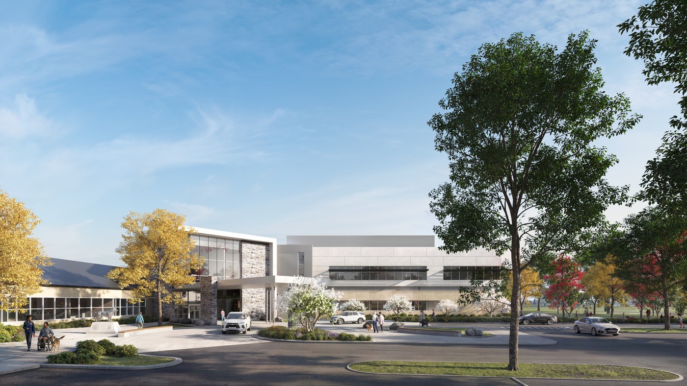 Rendering of the new entrance and covered drop-off at the Small Animal Veterinary Teaching Hospital at Virginia Tech
