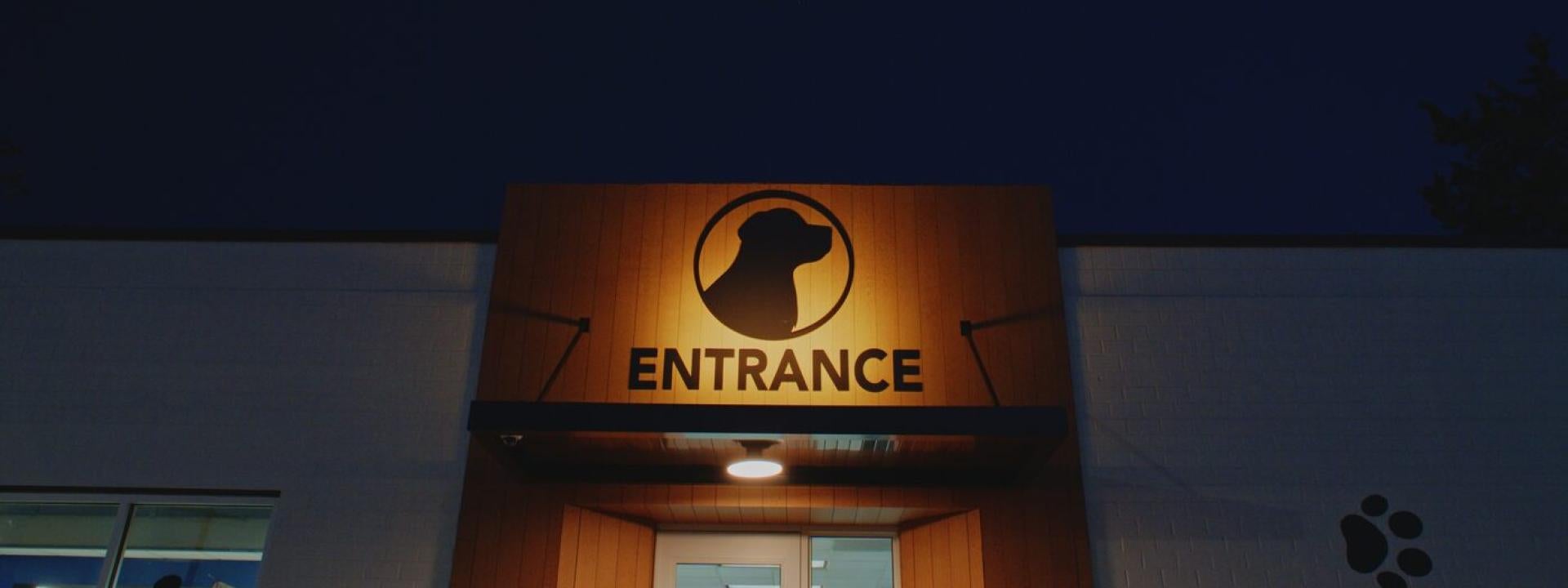 Columbia Pike Animal Hospital entrance lit up at night